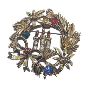 Vintage Brooch Christmas Wreath Candles Ornaments Gold Tone Rhinestones Beatrix